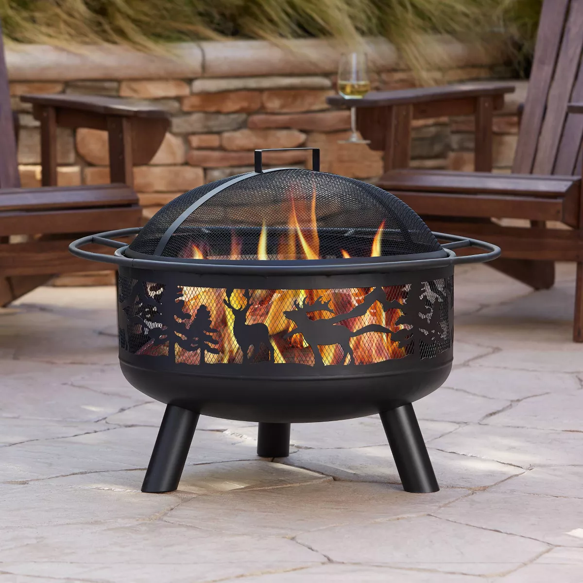 John Timberland Rustic Black Fire Pit Round 30" Animal Cut Steel Wood Burning with Spark Screen and Fire Poker for Outside Backyard Patio Camping
