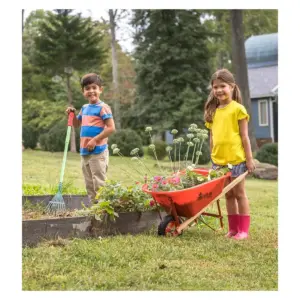 HearthSong - Kid's Red Garden Wheelbarrow with Wood Handles, Steel Braces and Solid Tire