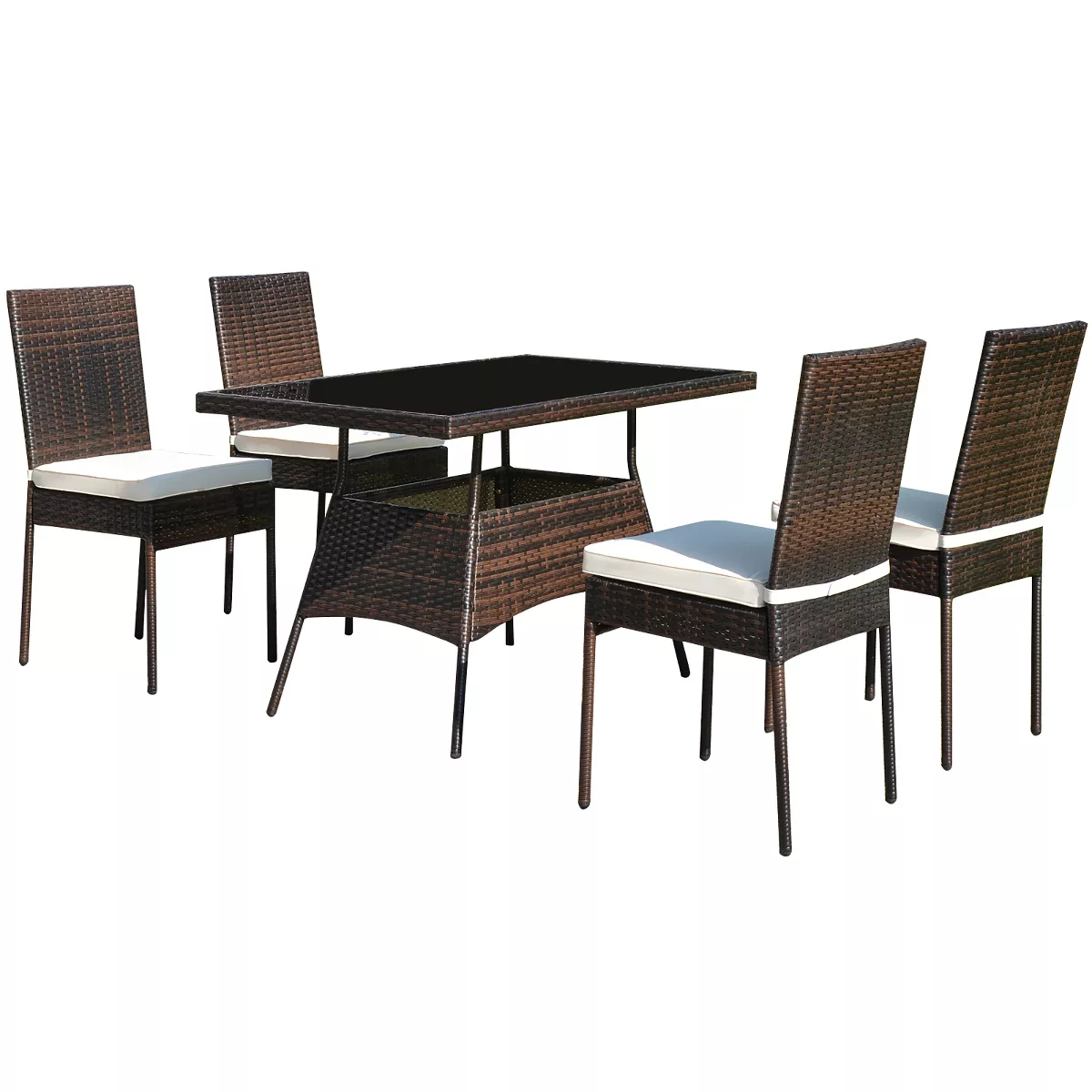Costway 5 PCS Patio Rattan Dining Set Glass Table High Back Chair Garden Deck Mix Brown