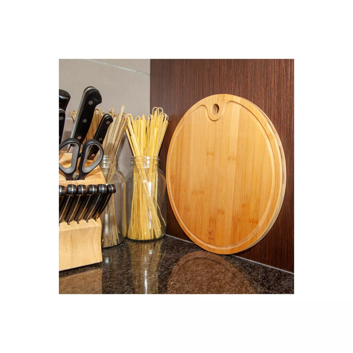 Pemberly Row Bamboo Round Chopping Board with Juice Groove in Natural