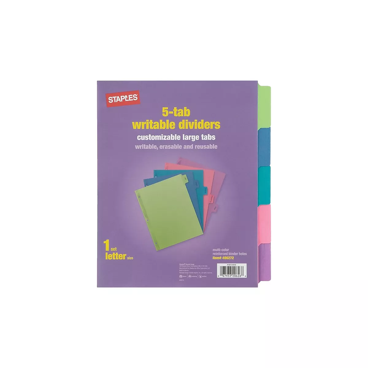 Staples Large Tabs Write & Erase Paper Dividers 5-Tab Multicolor 486272