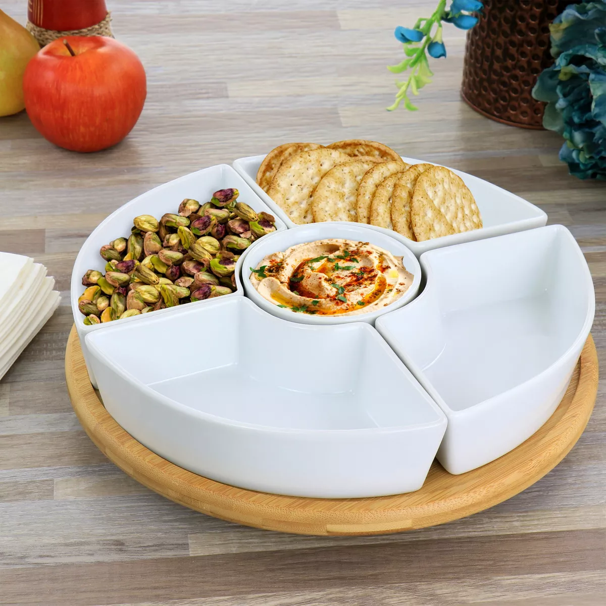 Gibson Elite Gracious Dining 6 Piece Tidbit Dish Set with Rotating Wood Base