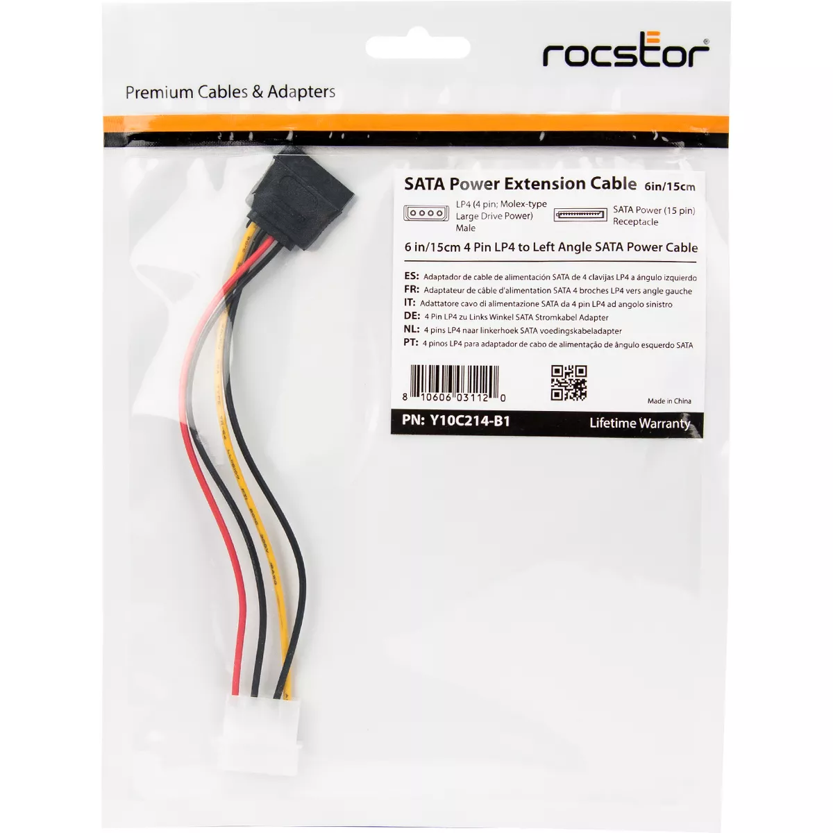 Rocstor Premium 6in 4 Pin Molex to Left Angle SATA Power Cable Adapter - LP4 - SATA Power Adapter C