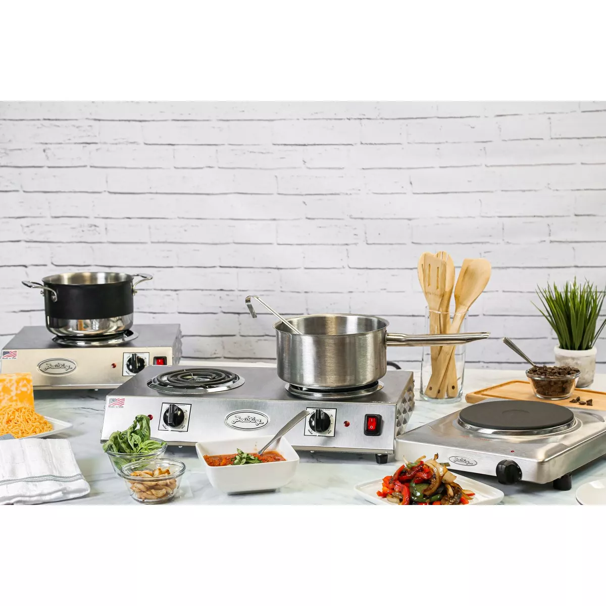 BroilKing CDR-1TB Stainless Steel 1650 Watt Tubular Heating Element Dual Burner Hot Plate with Infinite Heat Control Knobs and Power Lights