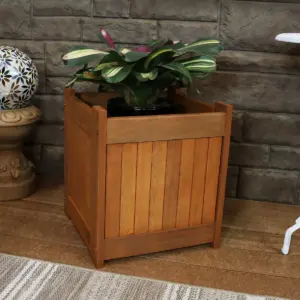 Sunnydaze Outside Meranti Wood Outdoor Planter Box with Teak Oil Finish for Garden, Porch and Patio - 16