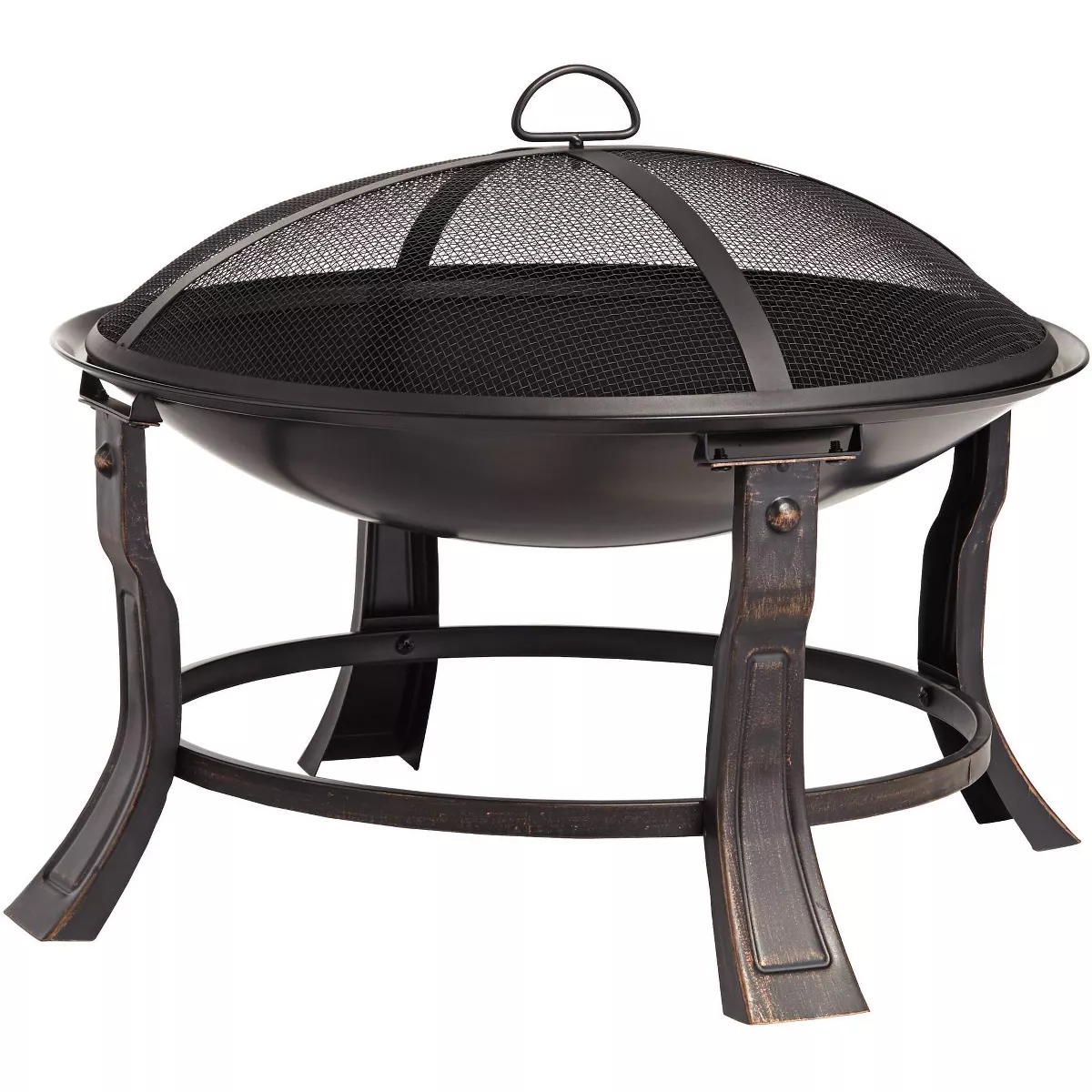 John Timberland Black Iron Outdoor Fire Pit Round 24" Steel Wood Burning with Spark Screen and fire Poker for Outside Backyard Patio Camping