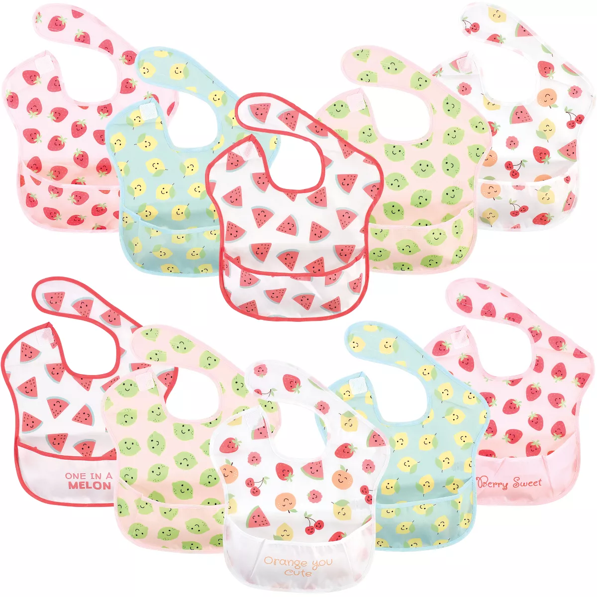 Hudson Baby Infant Girl Waterproof Polyester Bibs 10pk, Cute Fruit, Beginner