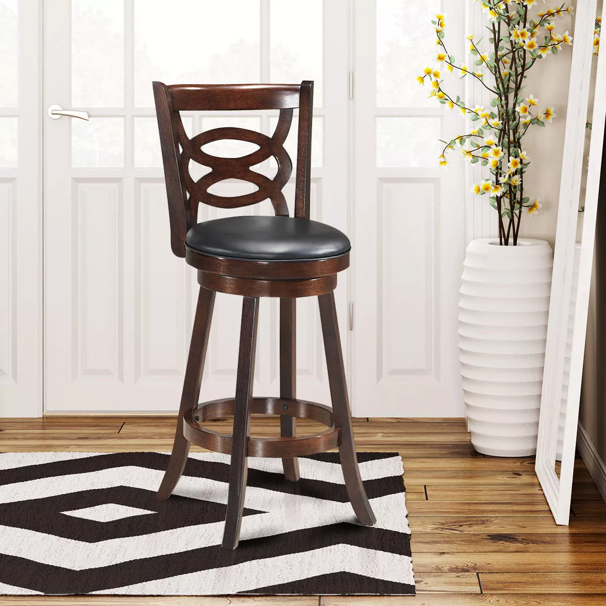 Costway Swivel Stool 29'' Bar Height Upholstered Seat Rubber Wood Dining Chair Home Kitchen Espresso