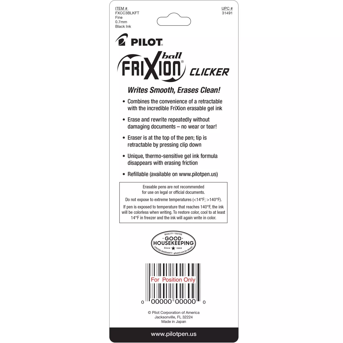 Pilot 3ct FriXion Clicker Erasable Retractable Gel Pens Fine Point 0.7mm Black