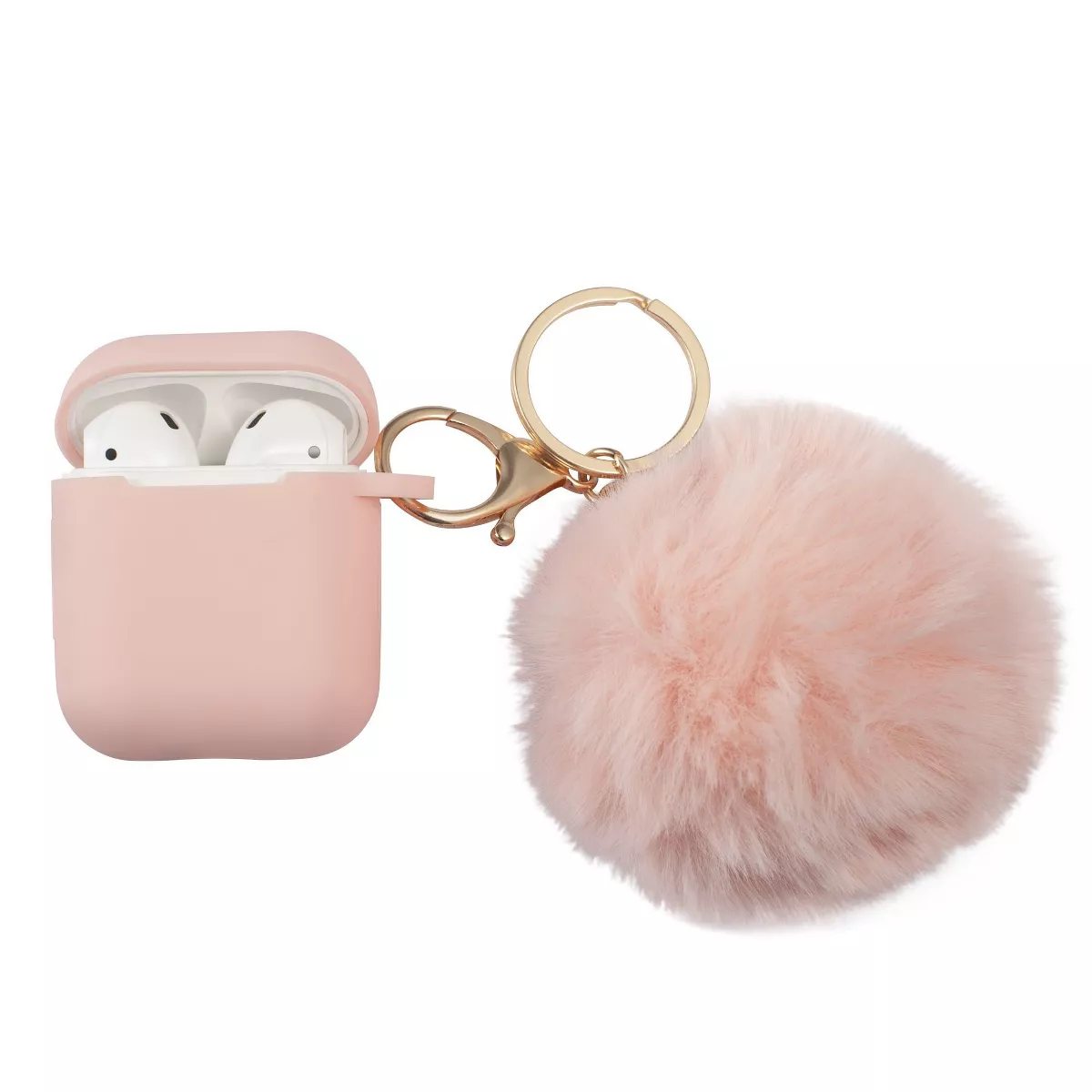 Insten Fluffy Pom Pom Case For Airpods 1 / 2, Silicone Case with Keychain & Anti-Lost Strap, Soft Touch Skin, Protective Cover, Pink