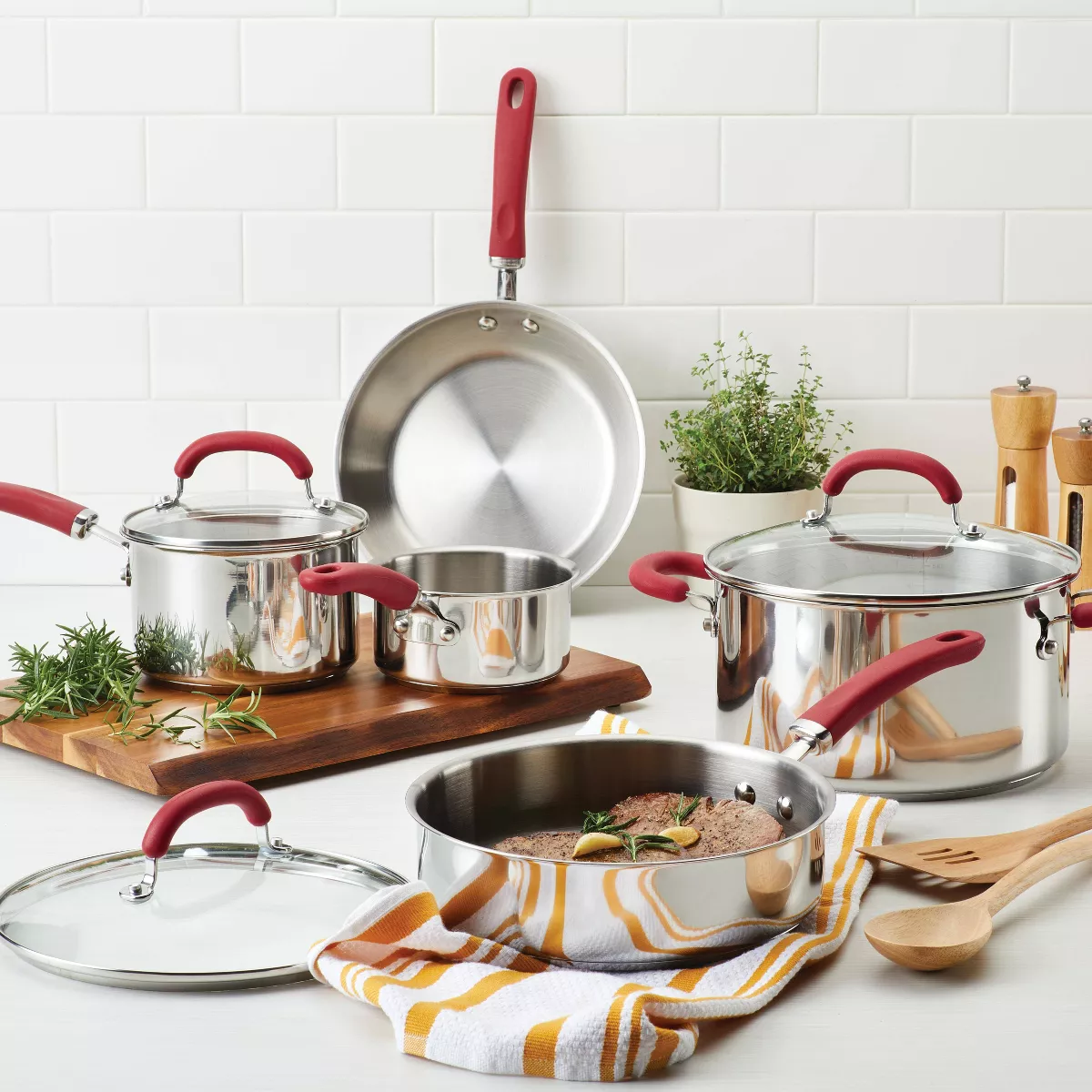 Rachael Ray 10pc Create Delicious Stainless Steel Cookware Set Red Handles