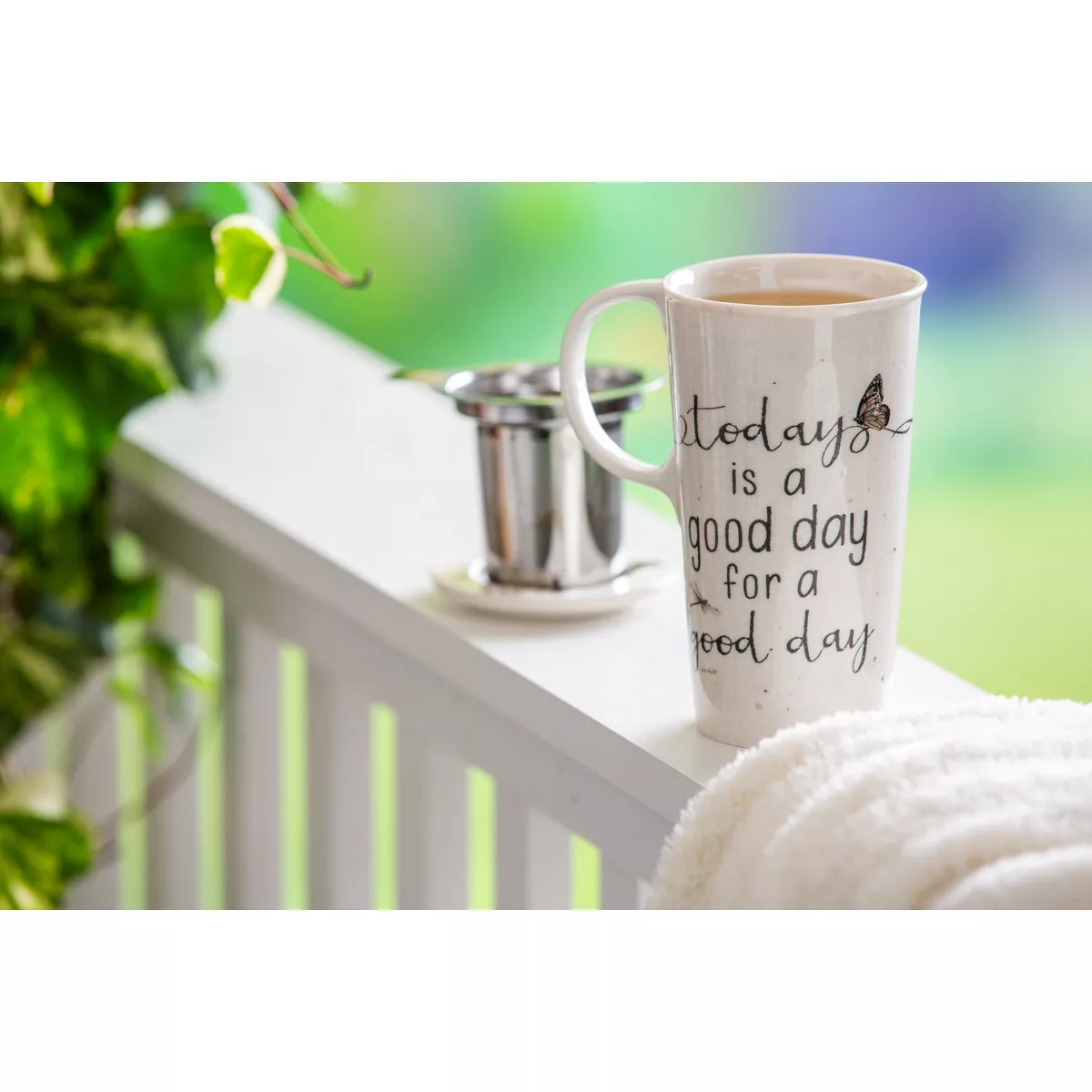 Evergreen Cypress Home Double Wall Ceramic Cup w/ Infuser & Lid, 12 OZ., Botanical Dreamer
