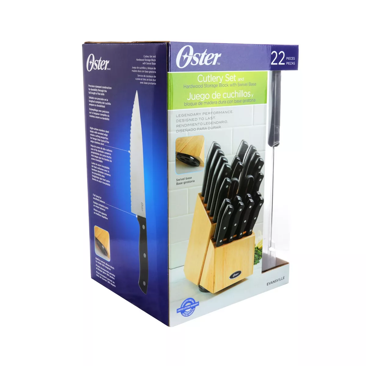 Oster Evansville 22 Piece Stainless Steel Cutlery Set with Rubber Wood Storage Block