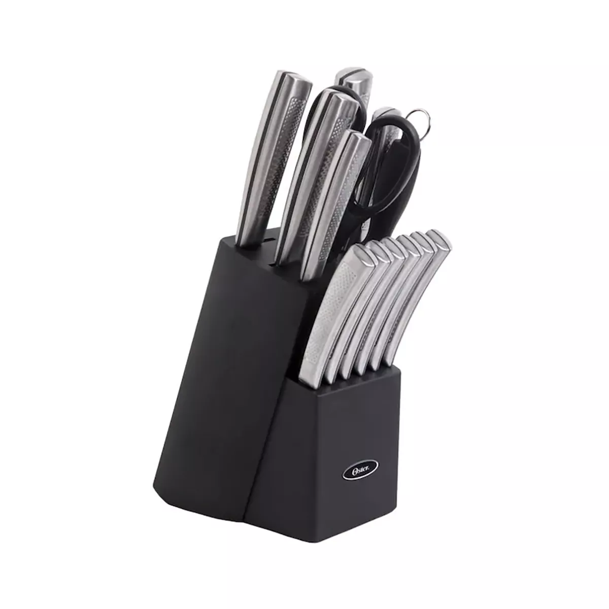 Oster Wellisford Stainless Steel Kitchen Cutlery Set with Black Wood Block Holder and Knife Sharpener for Home Chef Cooking Cutting, 14 Piece (Silver)