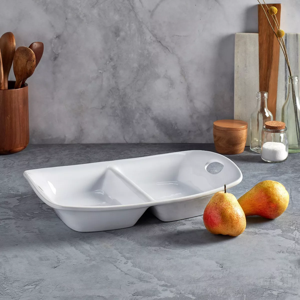 Stoneware 2-Section Rectangular Serving Platter with Handles - Tabletops Gallery