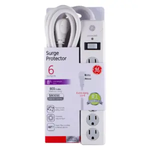General Electric 6 Outlet Surge Protector With 8' Extension Cord Twist To Close Safety Covers White