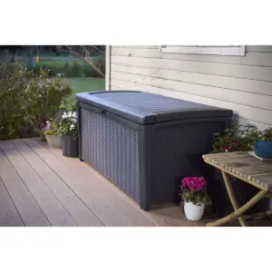 Keter Borneo Outdoor Resin Deck Storage Box Bin Organizer for Patio Furniture, Cushions, and Pool Toys with Wicker/Rattan Design, 110 Gallon, Grey