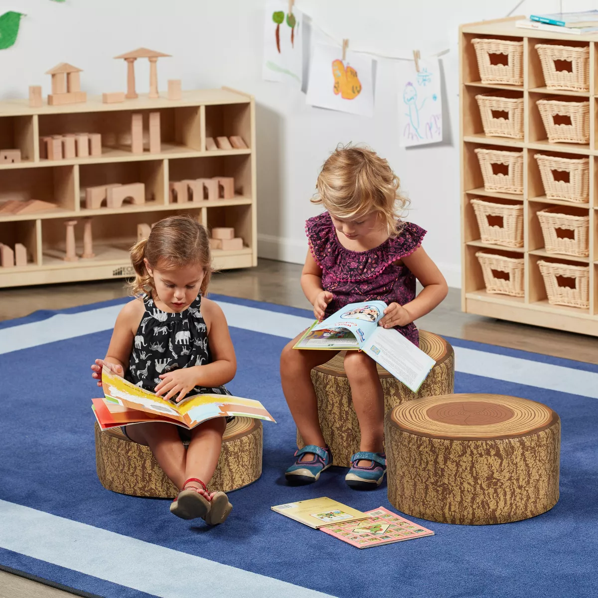 ECR4Kids SoftZone Tree Stump Stool Set-Round Foam Stools for Kids with Decorative Log Design (3-Pc)