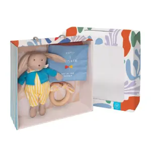 Manhattan Toy Petit Artiste Bunny Doll, Soft Book, and Wooden Teether Baby Soothing Gift Set