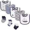 Hudson Baby Infant Boy Cotton Bib and Sock Set 8pk, Sail The Sea, One Size
