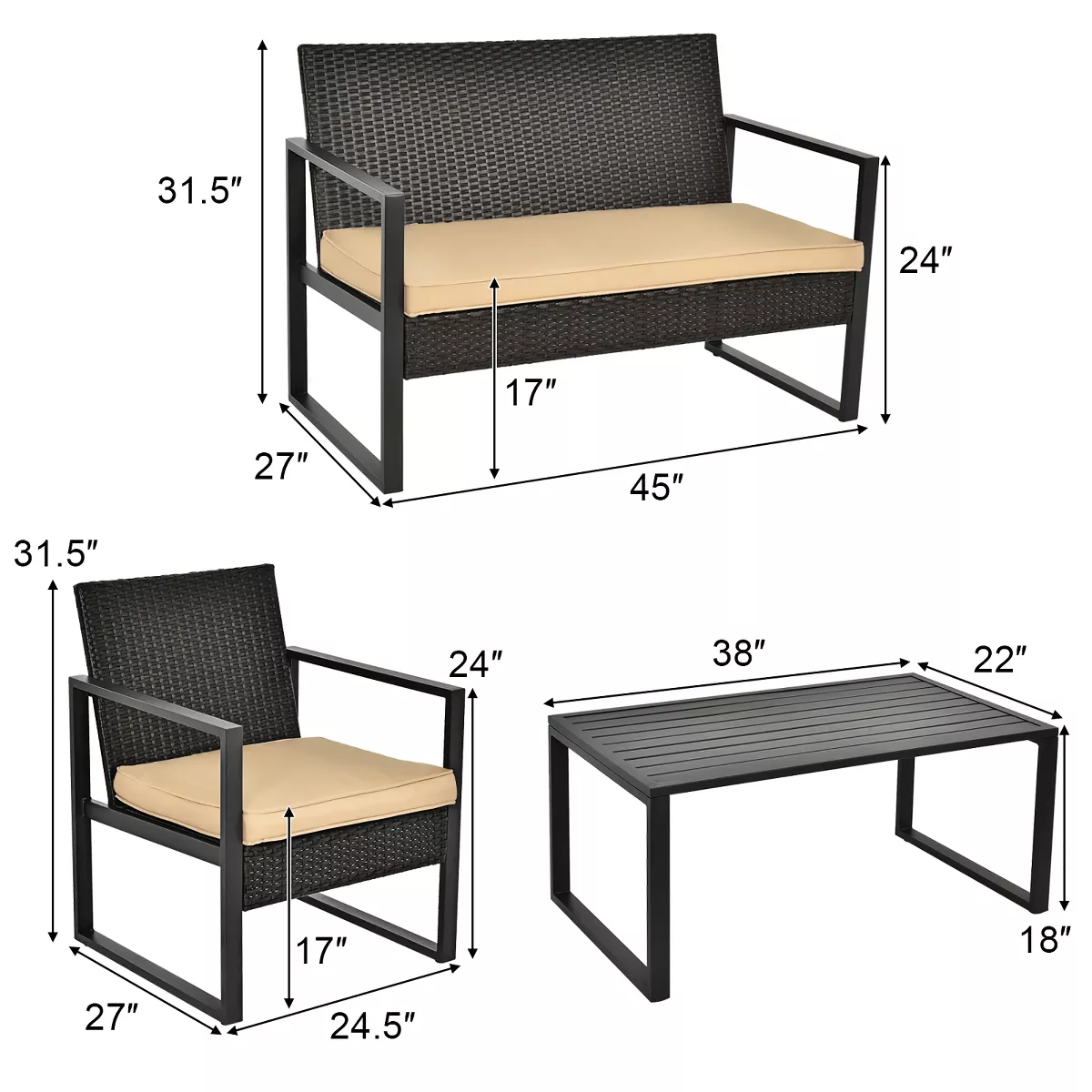Costway 4PCS Patio Rattan Furniture Set Cushioned Sofa Coffee Table Garden Deck Brown