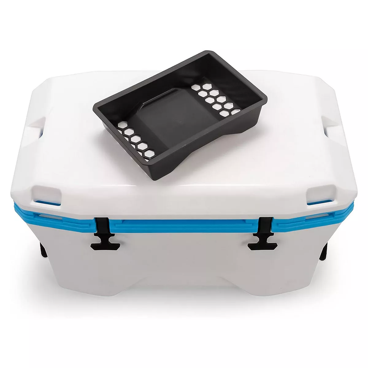 Camco Currituck Outdoor Ice Chest Cooler with Storage Tray and Bottle Opener for Camping, Hunting, Fishing, and Tailgating, 30 Quart, Cyan and White