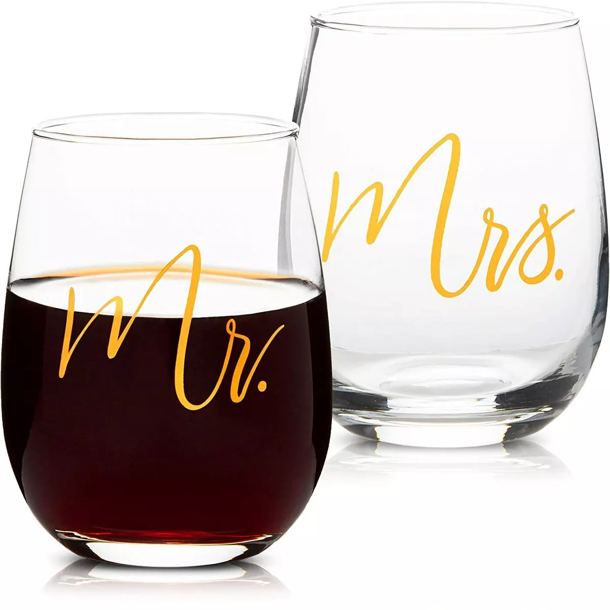 Sparkle and Bash Set of 2 Mr & Mrs Stemless Wine Glasses with Gold Foil 16 Oz