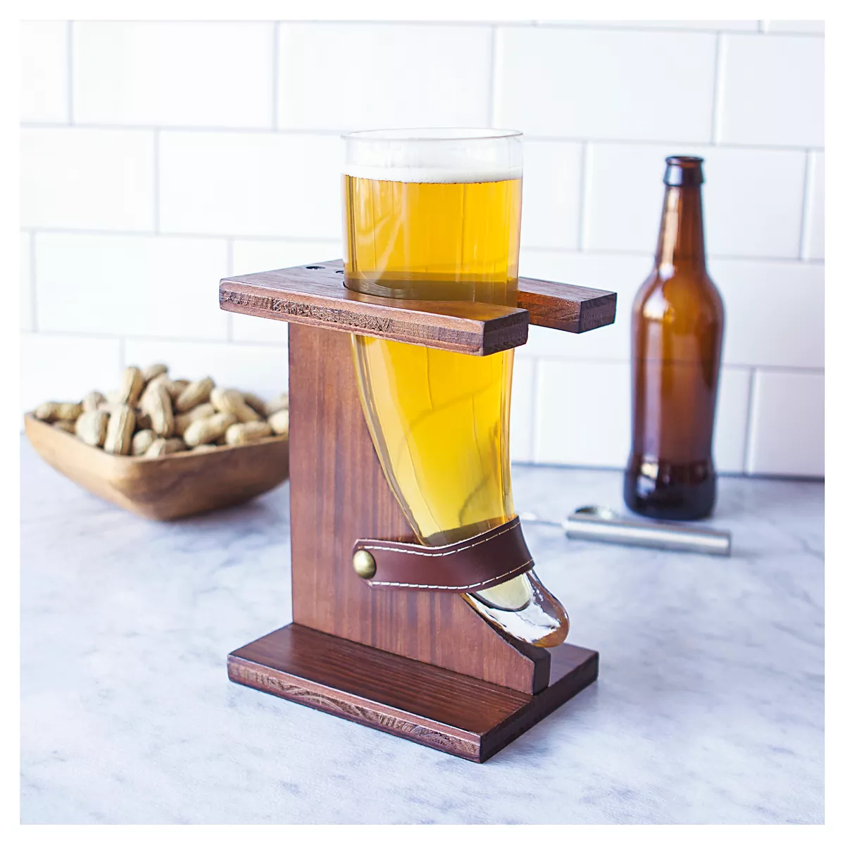 Cathy's Concepts 16 oz. Glass Viking Beer Horn with Rustic Stand