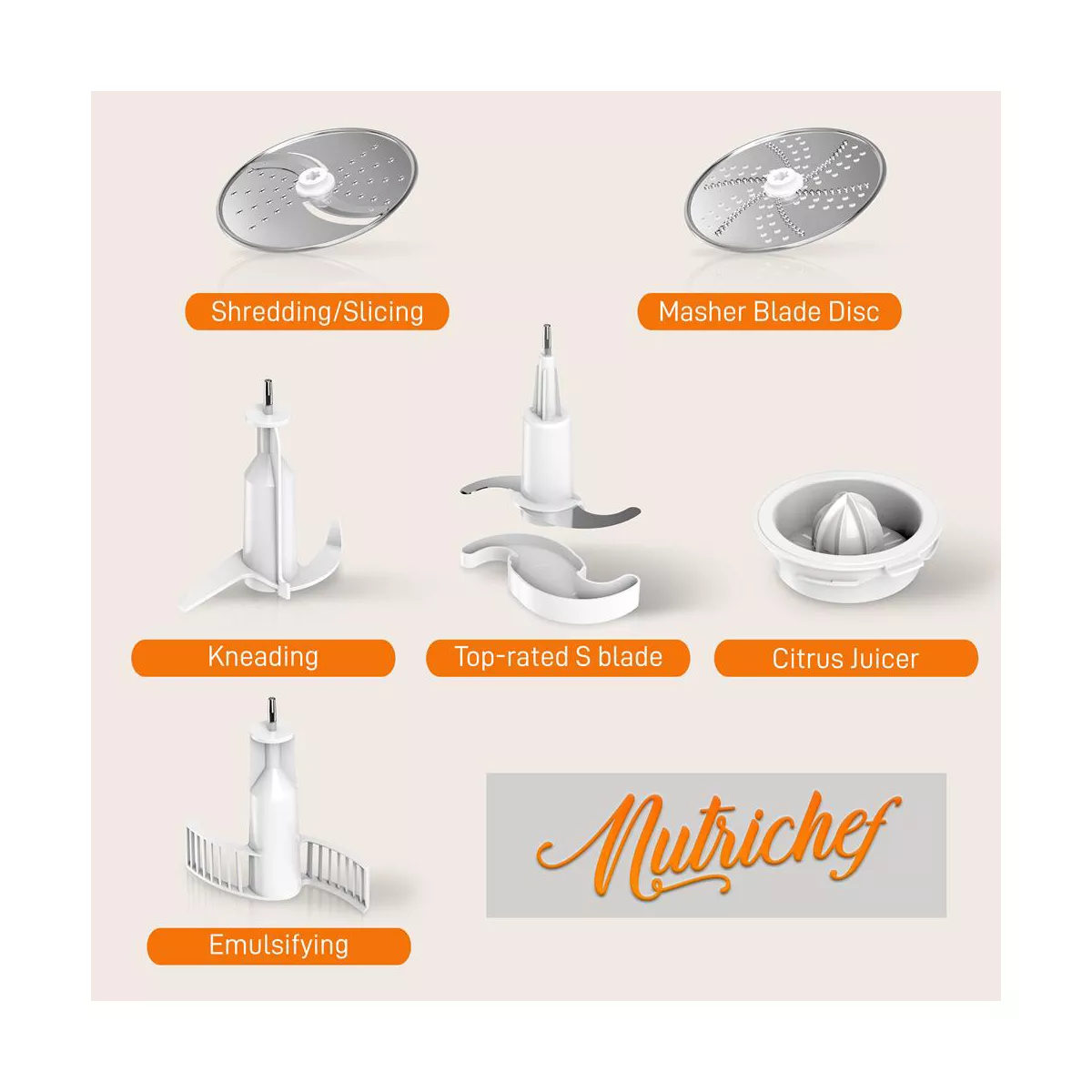 NutriChef NCFP8 Multipurpose 12 Cup Multi Function Kitchen Countertop Food Processor with 6 Attachment Accessory Blades, White