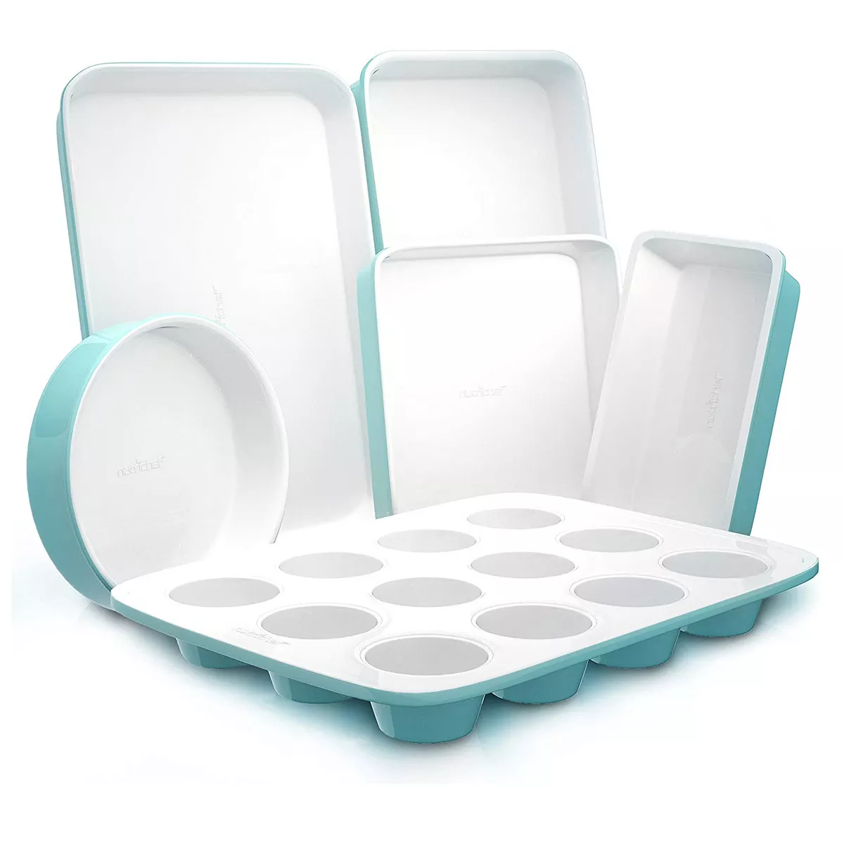 NutriChef 6 Piece Non Stick Kitchen Oven Stackable Ceramic Baking Pan Set with Cookie Sheet, Muffin Tray, and More, Green and White (2 Pack)
