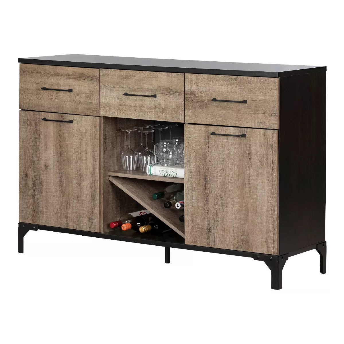 Valet Buffet with Wine Storage Weathered Oak and Black - South Shore