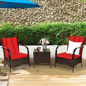 Costway 3 PCS Patio Rattan Furniture Set Coffee Table & 2 Rattan Chair W/Red Cushions