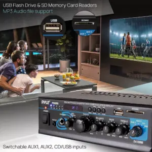Pyle PTAA55 2 x 120 Watt Compact Wireless Bluetooth Home Audio 2 Channel Mixer Amplifier Stereo Receiver Sound System with Mic/Aux/USB/SD Input