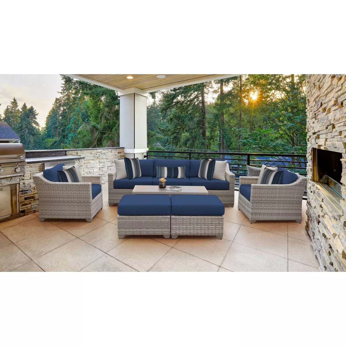 Fairmont 8pc Patio Sectional Seating Set with Club Chairs & Cushions - Navy - TK Classics