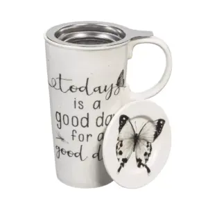 Evergreen Cypress Home Double Wall Ceramic Cup w/ Infuser & Lid, 12 OZ., Botanical Dreamer