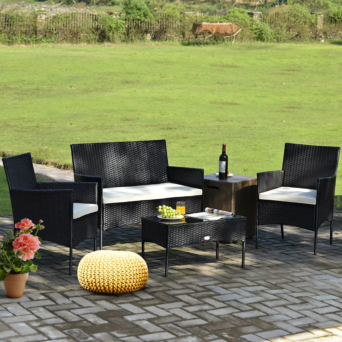 Costway 4PCS Patio Rattan Furniture Set Cushioned Sofa Coffee Table Backyard Porch