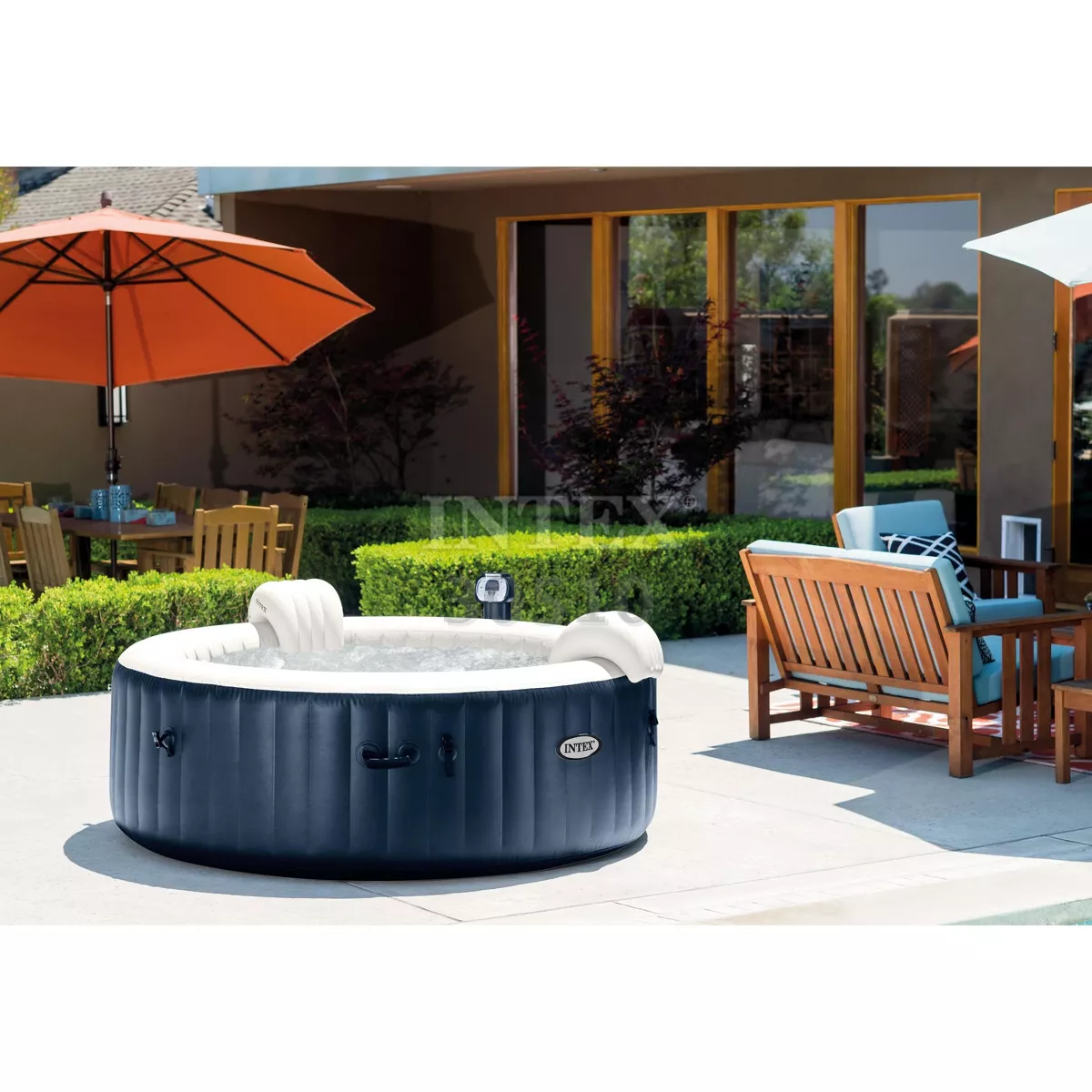 Intex Blowup Hot Tub + Headrest + Cup Holder/Tray + Seat + 2 Filter Cartridges