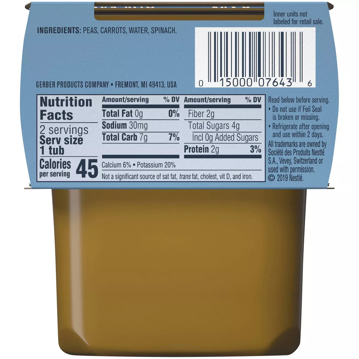 Gerber Sitter 2nd Foods Pea Carrot Spinach Baby Meals Tubs - 2ct/4oz Each
