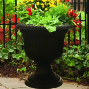 Southern Patio Large 14 Inch Outdoor Garden Lightweight Utopian Urn Planter with UV-Coated Finish for Entryways, Walkways, and More, Black (2 Pack)