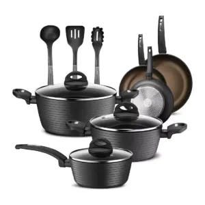 NutriChef Metallic Ridge Line Nonstick Cooking Kitchen Cookware Pots and Pan Set with with Lids and Utensils, 12 Piece Set, Gray (4 Pack)