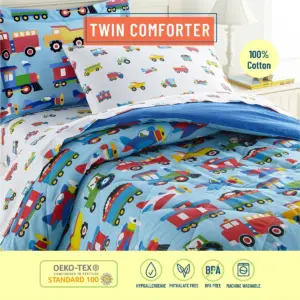 Twin Trains with Planes and Trucks Lightweight Cotton Comforter Set - WildKin