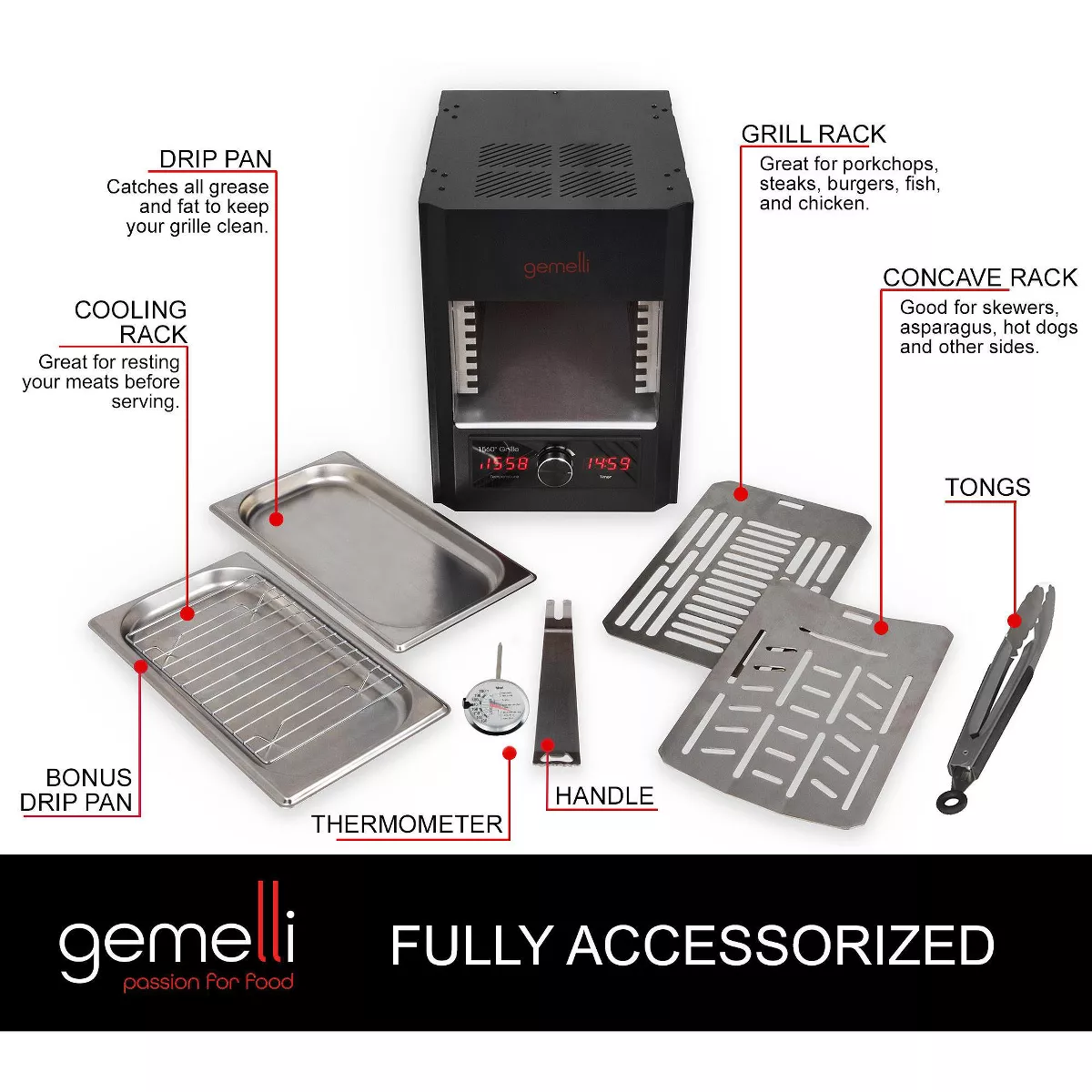 Gemelli Gourmet Steak Grille (1600 Watt), Infrared Superheating Up to 1560 Degrees, Electric Grill (Black)