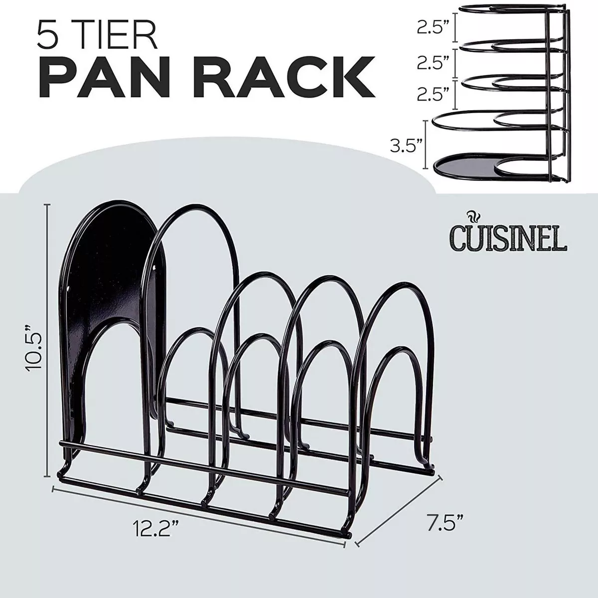 Cuisinel Heavy Duty Steel Construction Extra Large 5 Pan and Pot Organizer 5 Tier Rack, 12.2 inch, Black