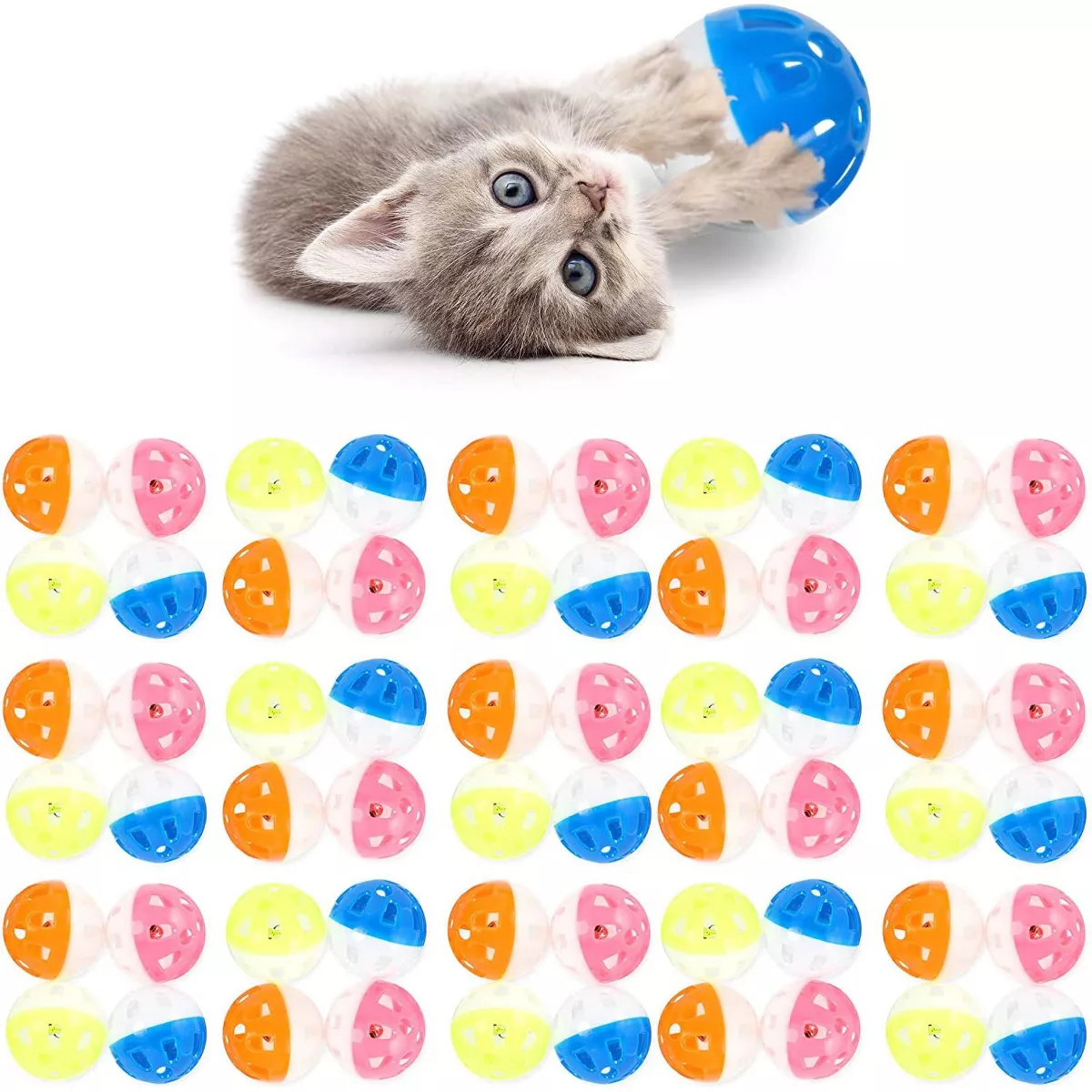 Okuna Outpost 60 Pack Cat Toy Balls with Bells, 4 Colors Kitten Toys (1.5 in)