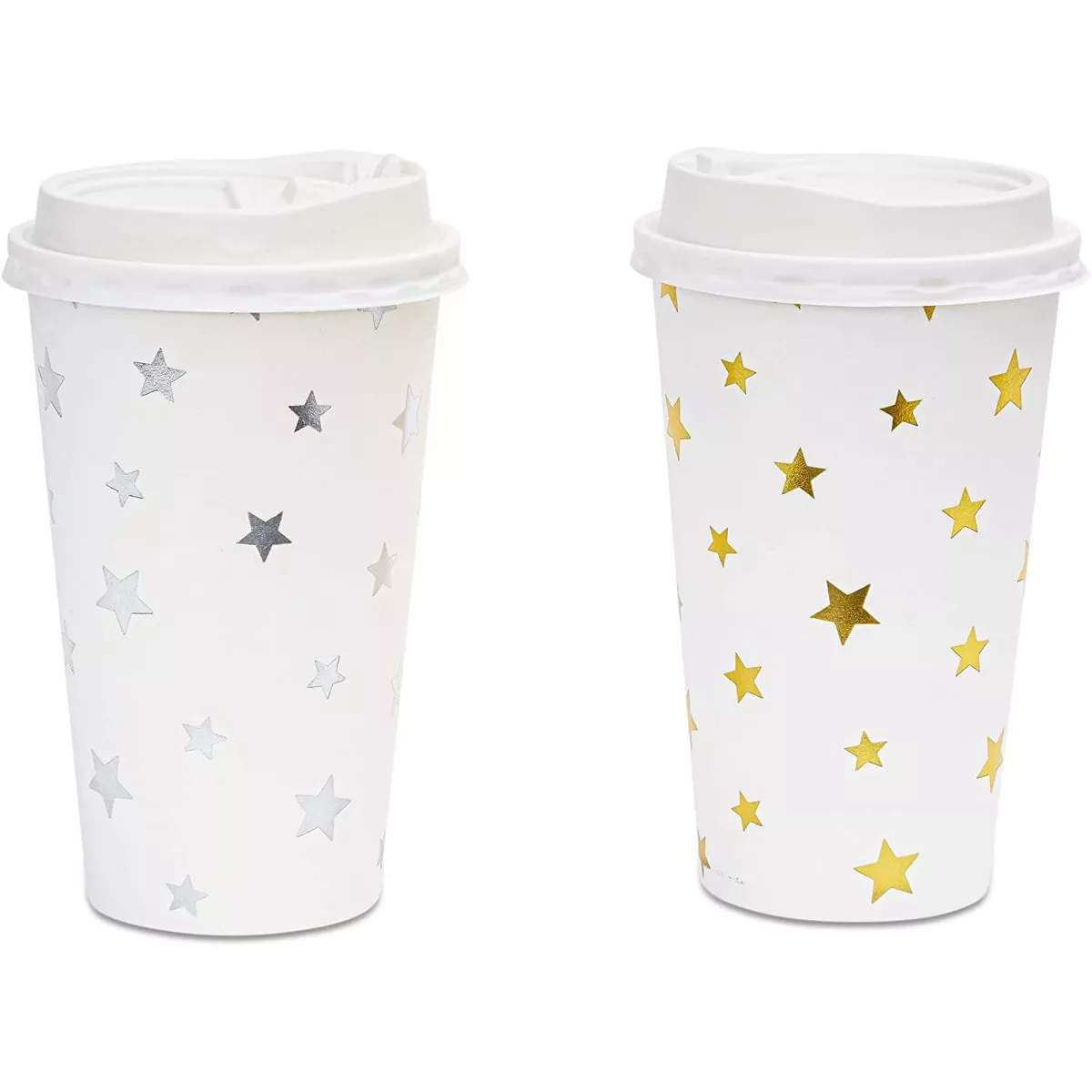 48-Pack Cute Foil Stars Insulated Disposable Coffee Cups with Lids, 16oz Paper Hot Cup to Go for Twinkle Little Star Baby Shower, Birthday, Events