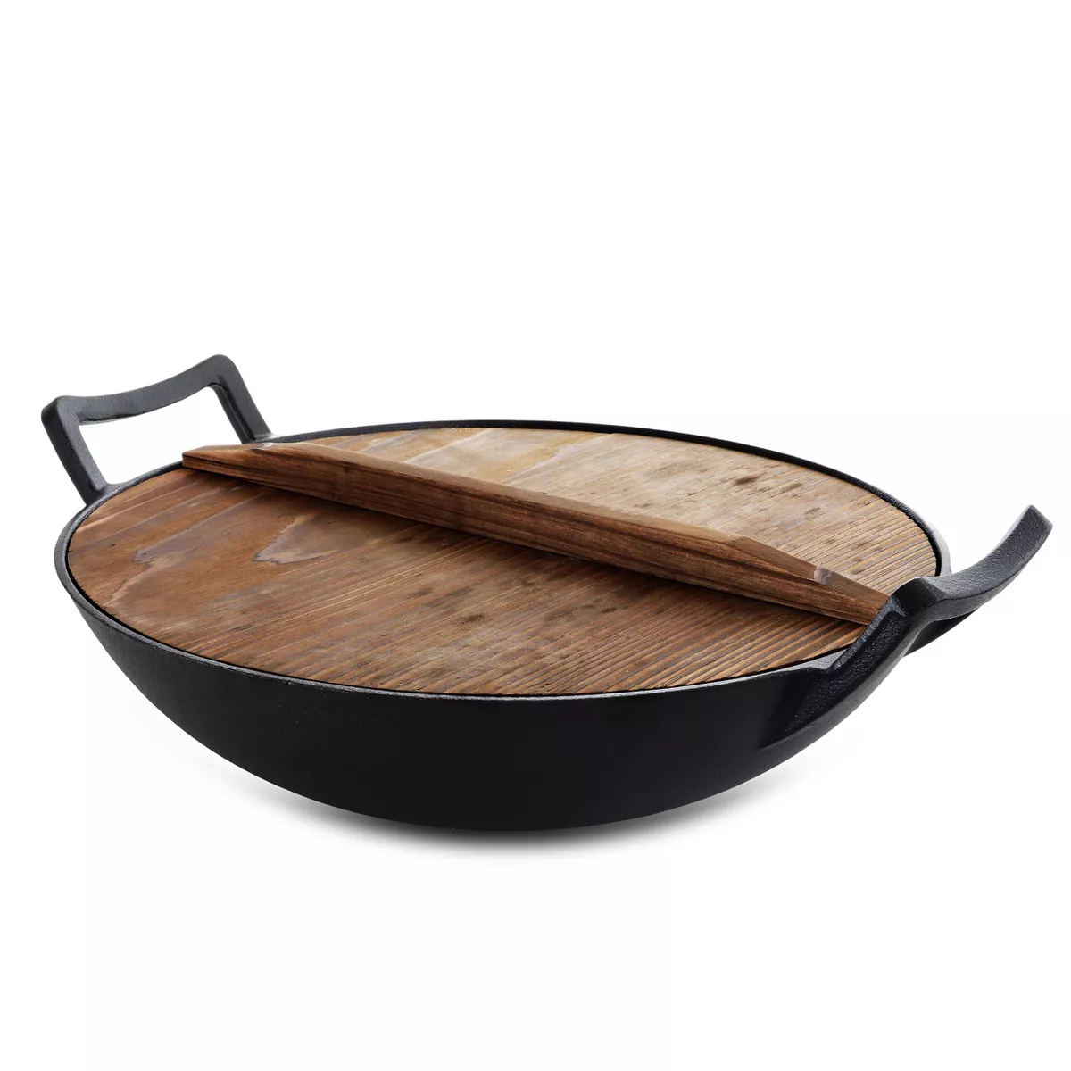 General Store Addlestone 2 Piece 14 Inch Heavy Duty Cast Iron Wok with Wood Lid