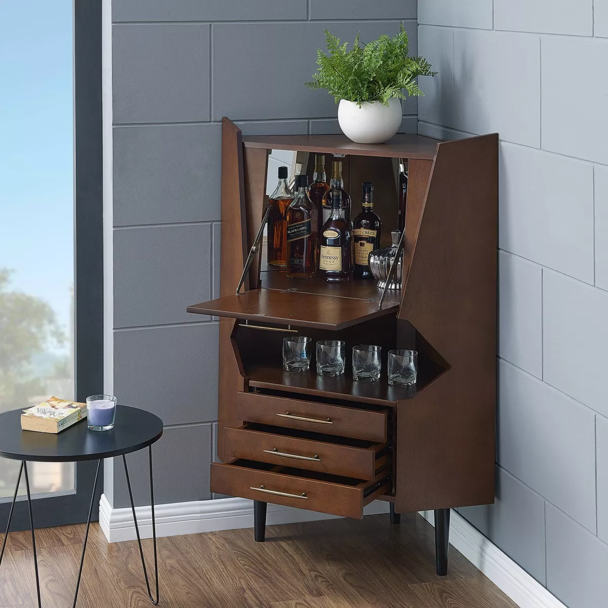 Lars Corner Bar Cabinet Dark Tobacco - Aiden Lane