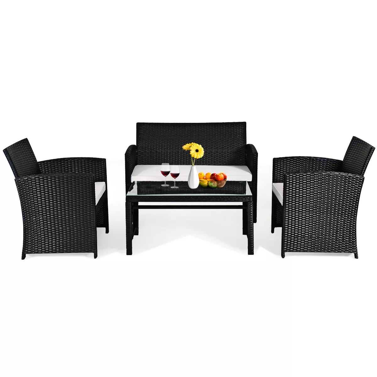 Costway 4PCS Patio Rattan Furniture Set Table &Sofa W/Cushion Garden Black