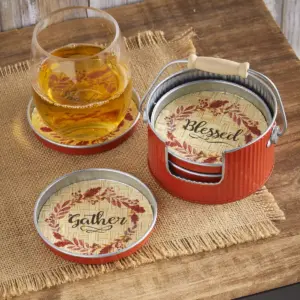 Lakeside Thanksgiving Coaster Set with Farmhouse Design, Harvest Sentiment - 5 Pc.
