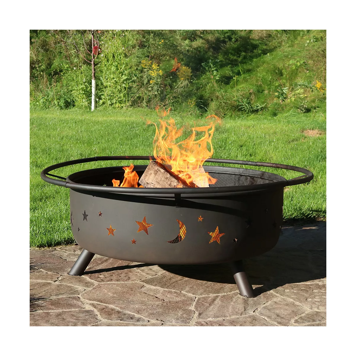 Sunnydaze Outdoor Camping or Backyard Steel Round Cosmic Fire Pit with Spark Screen, Log Poker, and Wood Grate - 42
